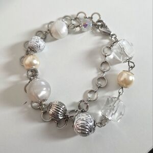 Silver White Beaded Bracelet with Crystal Accents
